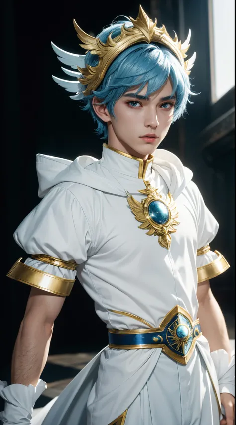 (absurdres, highres, ultra detailed, HDR), masterpiece, best quality, "magic knight rayearth" Character handsome boy in white outfit short hair wearing detailed headgear blue hair