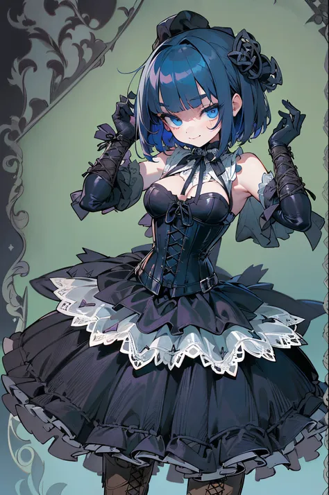 1 anime young girl, dark blue hair, on-eyebrow bangs, short bob, (Sanpaku blue eyes:1.3), unpleasant smile, standing with her back straight, perfect anatomy, (black dress in gothic style with detaild lacework and flowing layers:1.5), (black latex gloves:1....