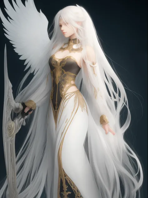 Steampunk beautiful angel girl　long white hair　Fantasia　perfectly proportions　Please draw another variation of the angel based on the diagram above.。　Please use a jet black scythe.。