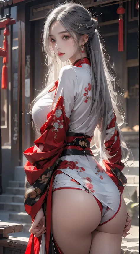 realistically, A high resolution, 1人の女性, butt lift, pretty eyes, Long gray hair, eye socket, jewely, tattoo is, Hanfu, a beautiful woman in china, Red embroidered Hanfu