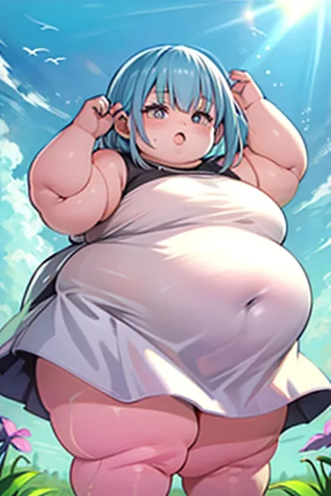 top-quality,kawaii obese girl,kawaii,Illustration that feels summer,Vibrant poses,Vibrant hair,Cute look,White dress,bob cuts,blue-sky,sunlight,an anime girl,real life anime girl、obese body, Tren at CGSTATION