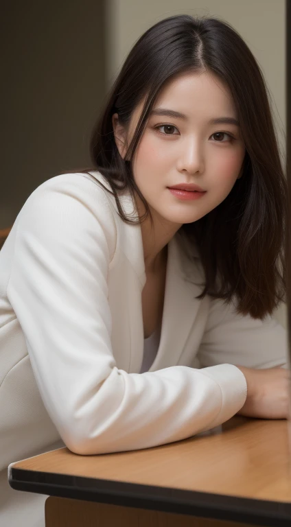 ((Best quality, 8K, On a table: 1.3)), 1 girl, ssmile, Full body lesbian, rosto magro, Beautiful woman, with short dark brown hair, White crisp shirt, Upper body black straight suit pants, high-heels, The face is very detailed, 詳細な目, 二重まぶた, vague backgroun...