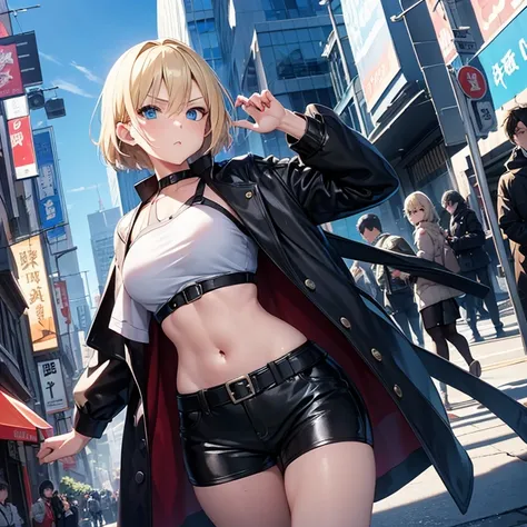 2D Anime Style、Blue eyes、breasts are slightly larger、A cool adult woman with short blonde hair and a serious expression.............、Wearing leather shorts and a long coat、She wears a fashion that shows her stomach、hold the bag with your right hand。.。.、Hol...