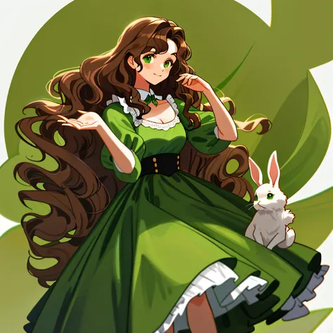 mamas de nedium，pose de coelho，big brown wavy hair, green dress green eyes, holding a rabbit