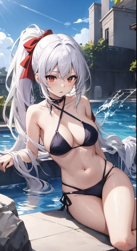 tmasterpiece，A woman wearing a bikini and a red bow sits on the pool, seductive anime girls, White hair，high ponytails，Detailed pubic hair. Villas，Girl Front, azur lane style, Translucent fluid flowing from the《Azure route》videogame, from the girl, Fleet c...