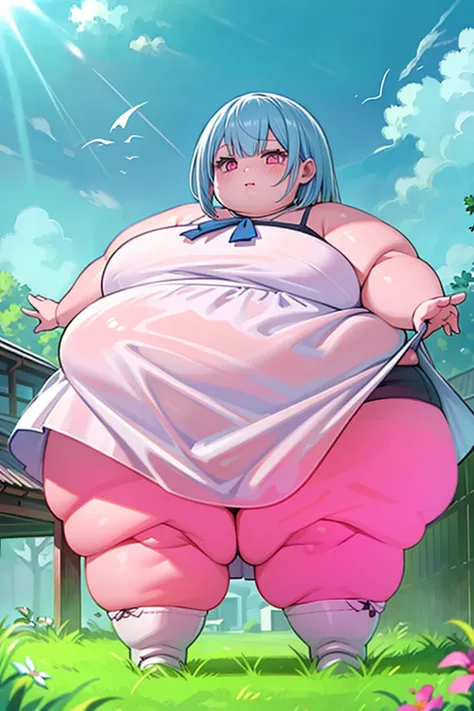 ((Masterpice)), UMD. 1080p, best quality, top-quality,kawaii obese girl,kawaii,Illustration that feels summer,Vibrant poses,Vibrant hair,Cute look,White dress,bob cuts,blue-sky,sunlight,an anime girl,real life anime girl, obese body, thick thighs, Tren at ...