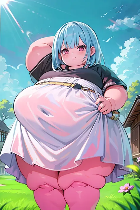 ((Masterpice)), UMD. 1080p, best quality, top-quality,kawaii obese girl,kawaii,Illustration that feels summer,Vibrant poses,Vibrant hair,Cute look,White dress,bob cuts,blue-sky,sunlight,an anime girl,real life anime girl, obese body, thick thighs, Tren at ...