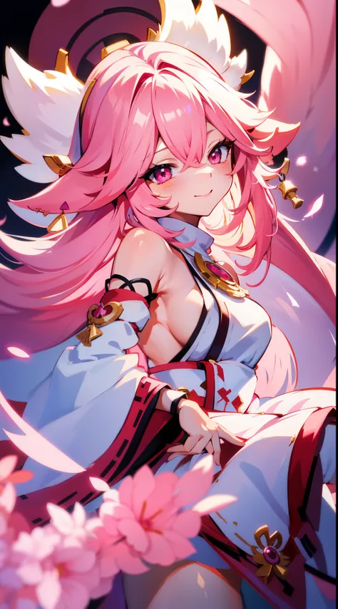 small loli, Long white hair, a pink eyes, Pink fox ears, White dress, Naturally large breasts,, A masterpiece of smiling, high high quality，Three pink fox tails，8K