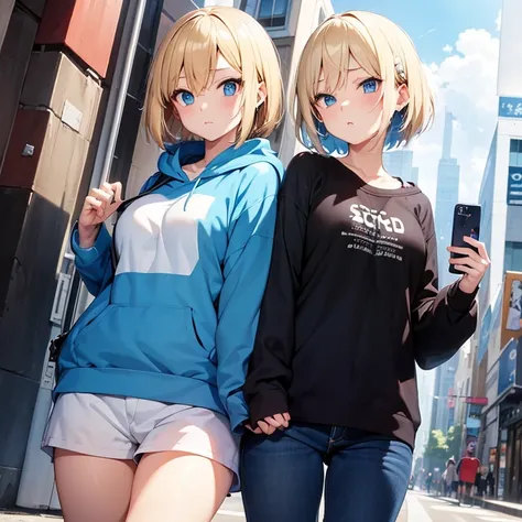 2D Anime Style、Blue eyes、breasts are slightly larger、A cool adult woman with short blonde hair and a troubled expression.............、wearing a sweatshirt setup,Hold your smartphone in your left hand,Right hand clenched fist,Walking around the city alone,