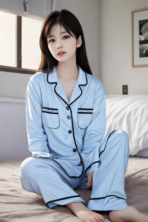 Best Quality, masutepiece, 超A high resolution, 8K, raw, (photographrealistic:1.4), Physically-based rendering, depth of fields, Look at viewers, slender, (Sitting:1.1), at bedroom, Detailed beautiful face, 1 girl, Cute, 年轻, nose blush, Big black eyes, Open...