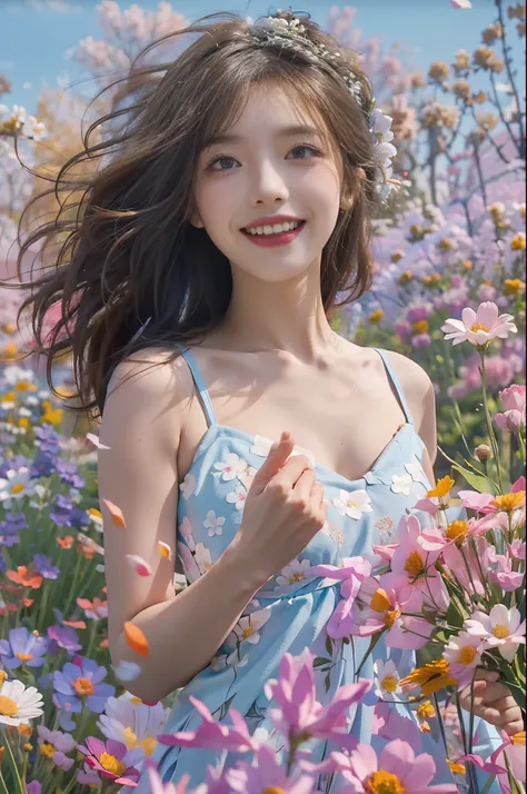 create fun images, A 28-year-old brunette woman with messy hair standing in a flower field. The background is a flower meadow with a light blue color scheme.。. The woman will be smiling and holding a very large bouquet of flowers., She is dressed in a whit...