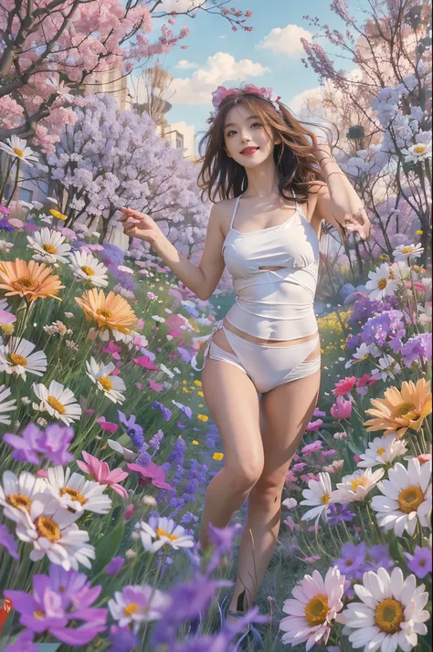 create fun images, A 28-year-old brunette woman with messy hair standing in a flower field. The background is a flower meadow with a light blue color scheme.。. The woman will be smiling and holding a very large bouquet of flowers., She is dressed in a whit...