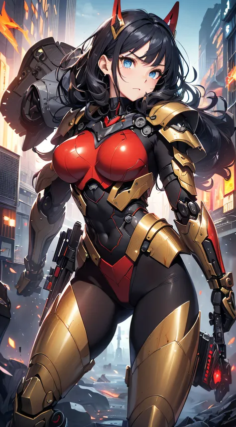 top-quality、Top image quality、​masterpiece、girl with((red and black mechanical body armor、blue mechanic arm、white leg arms、Shining gold body line、sixteen years old、teen ager、cute little、Best Bust、big bast,Beautiful light blue eyes、Breasts wide open, Black ...