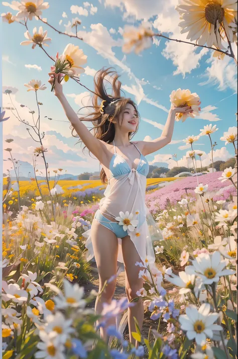 create fun images, A 28-year-old brunette woman with messy hair standing in a flower field. The background is a flower meadow with a light blue color scheme.。. The woman will be smiling and holding a very large bouquet of flowers., She is dressed in a whit...