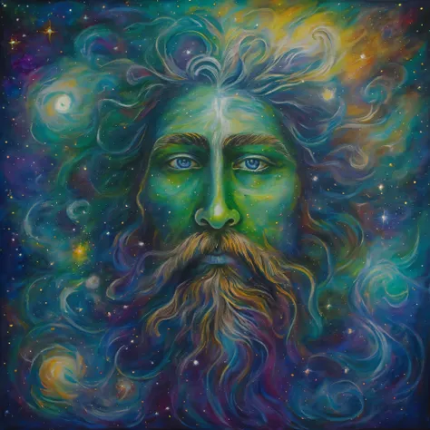 One with a beard、drawing of man with green face, portrait of a cosmic entity, Portrait of the cosmic god, fantasy painting of, god&#39;s face, an abstract spiritual background, centered portrait, An ancient male bearded face, Deep Dream Universe, Strange p...