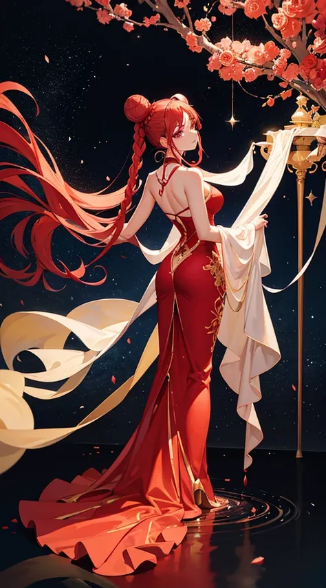 Beutiful women，Wearing rose red (Liquid dress),squatt, 
8K, tmasterpiece, The content is very detailed, Alone,
Starry Sky Viewpoint Photography, from back, [Full body lesbian],
Regrettable,
Braided high bun,
light red hair,gold eyes