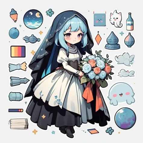 1 sticker, handbook, (Sticker, 1 girl, Medieval heavy dress, luna. veil, bouquet, Separating elements), watercolour, whitebackground, Simple background, minimal, Cute, tiny, Color: pastel colours, vector style, No gradient,