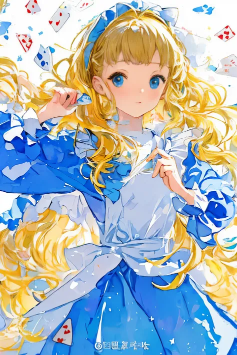 watercolor paiting、top-quality、超A high resolution、a picture、a photo of a cute girl、A detailed face、(PureErosFace_V1:0.008)、alice in the wonderland、13years、Blonde wavy hair、White apron、a blue dress、Background of the playing card pattern、without makeup