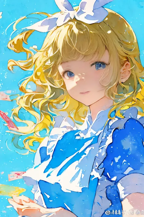 watercolor paiting、top-quality、超A high resolution、a picture、a photo of a cute girl、A detailed face、(PureErosFace_V1:0.008)、alice in the wonderland、13years、Blonde wavy hair、White apron、a blue dress、Background of the playing card pattern、without makeup