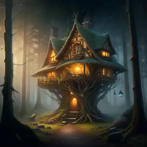 a close up of a house in the woods with a light on, fantasy house, witch cottage in the forest, house in the wood, realistic fantasy illustration, cottage in the forest, the house in the forest, detailed fantasy digital art, house in forest, tree house, de...