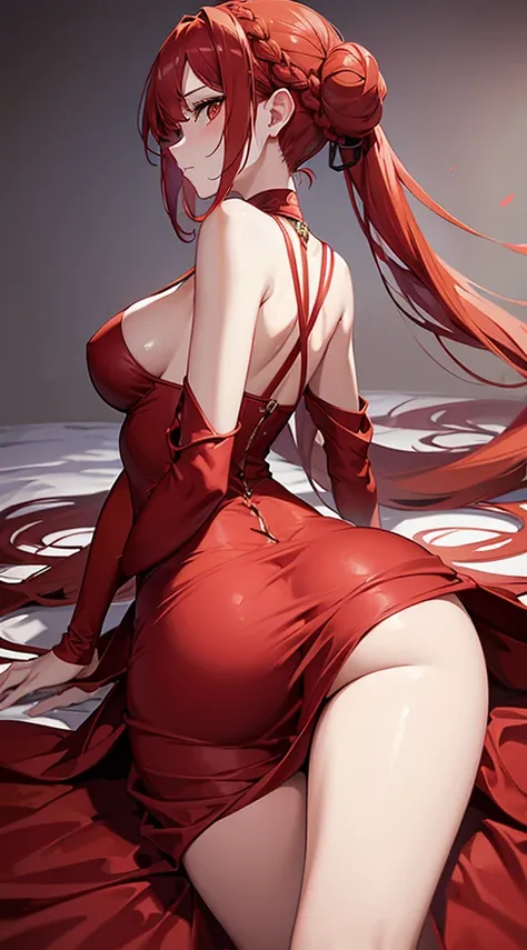 Beutiful women，wearing rose red (Liquid dress),squatt, 
8K, tmasterpiece, The is very detailed, Alone,
A desert,
point of view shooting, from back, [full bodyesbian],
regrettable,
Braided high bun,
light red hair,