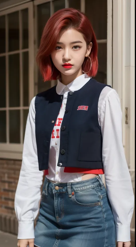 ChineseGirl，eighteen or nineteen，bright red short hair，black eyeliner，bright red lipstick，Black sports vest，Denim skirt black stockings，