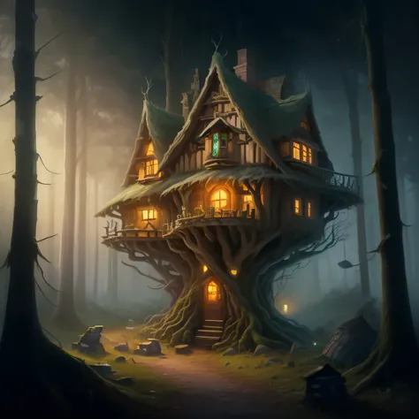 a close up of a house in the woods with a light on, fantasy house, witch cottage in the forest, house in the wood, realistic fantasy illustration, cottage in the forest, the house in the forest, detailed fantasy digital art, house in forest, tree house, de...