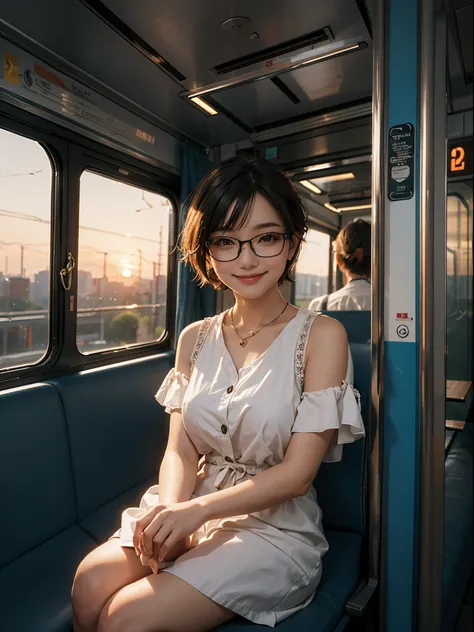 1 girl, sitting, dress, short hairs, glasses, train, window, evening , sunset, smiling