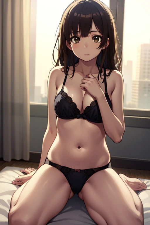 Sayuogi Wara, Sayu Ogiwara, Brown hair, (Brown eyes:1.5), Medium Hair,  Bow, undergarment,BREAK looking at viewer, Full body, Break indoors, crass room, BREAK (masutepiece:1.2), Best Quality, High resolution, Unity 8k壁纸, (Illustration:0.8), (Beautiful deta...