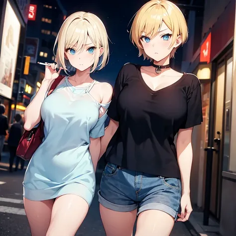 2D Anime Style、Blue eyes、breasts are slightly larger、A cool adult woman with short blonde hair and a serious expression.............、Casual Fashion,lighting a cigarette,Walking around the city alone,