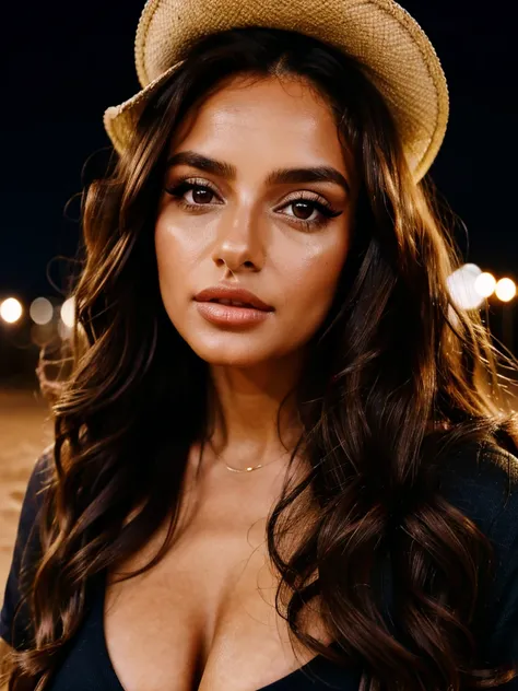 Sexy woman, Albanian, 30 years, cute, neat face, detailed, small neat nose, neat plump lips, big eyes, brown eyes, Alice Milano, long hair, curly hair, natural shine, chocolate hair, portrait, focus on face, gorgeous,western, hot girl walking in desert, at...