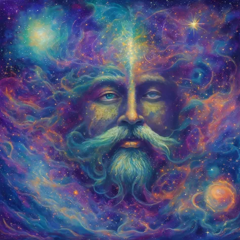 One with a beard、drawing of green face man, portrait of a cosmic entity, Portrait of the cosmic god, fantasy painting, Oh, God&#39;s face, an abstract spiritual background, centered portrait, An ancient male bearded face, Deep Dream Universe, Strange portr...