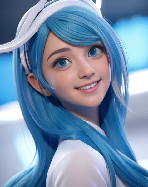 (masterpiece:1.5), (best quality:1.5), 3dmm,highres, highly detailed,3DG,1girl, big blue eyes, long blue hair, white headgear, smiling, looking at viewer, cute and girly(idolmaster), 3d rendering, octane rendering, subsurface scattering skin, soft and brig...