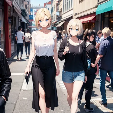 2D Anime Style、Blue eyes、breasts are slightly larger、A cool adult woman with short blonde hair and a serious expression.............、Light a cigarette,Casual Fashion,Walking around the city alone,