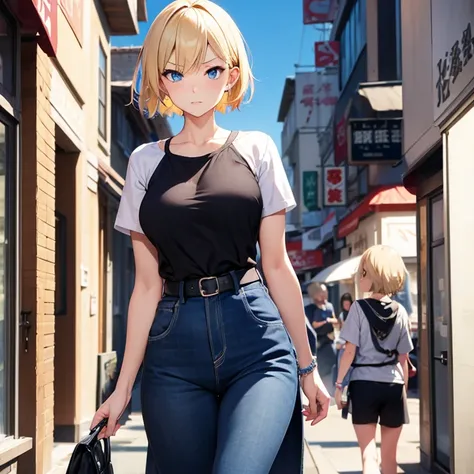 2D Anime Style、Blue eyes、breasts are slightly larger、Casual Fashion,A cool adult woman with short blonde hair and a serious expression.............、Walking around the city alone,