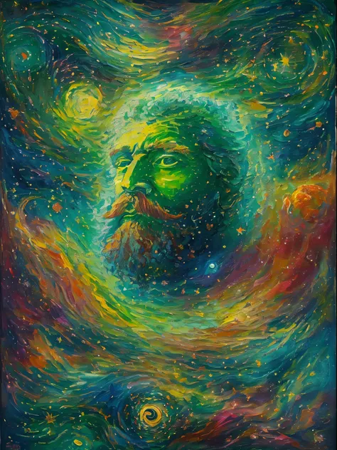 one with a beard、green face man pictures, portrait of a cosmic entity, portrait of the cosmic god, fantasy painting, oh oh, oooo...