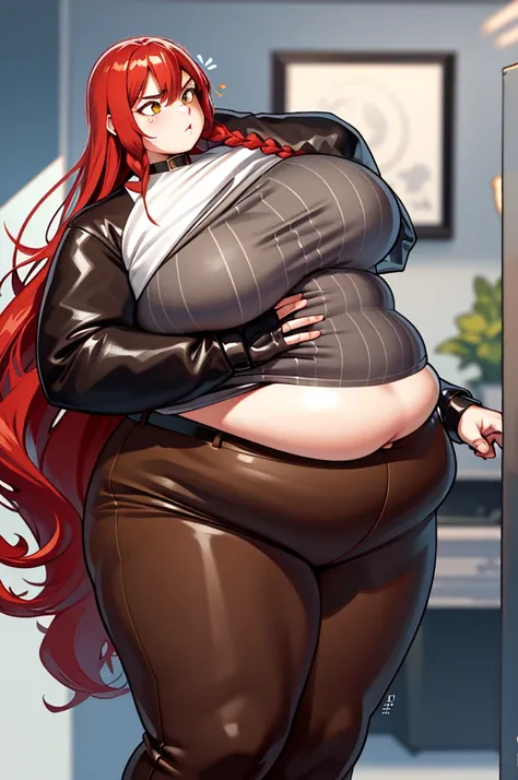 masterpiece, best quality, 1girl, long hair, big bust, WeightObese, Biker girl, fat belly, big thick thighs, pants creaking, very long red hair, jeans, brown pants, cowboy clothes, outer, sexy, sensual, nlanca and brown clothes, yellow eyes, serious, emoti...