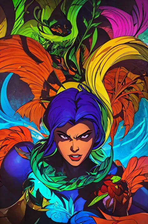 Step into the vibrant art scene of the 1960s with this visual prompt, channeling the spirit of Alejandro Obregón. Imagine a captivating scene featuring a high-quality portrait of a beautiful woman adorned with tropical flowers in her hair, set against a ba...