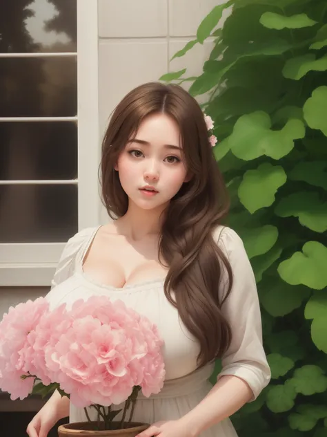 (best quality), big head, (1girl with gigantic breasts:1.3) Fat Woman With Brown Hair , White Pale Skin Tone , Wearing Pretty Dress , Details Dress , Pretty Girl , Korean , picture women in outdoor, Holding Bucket Flower , Holding Bucket Flower in her hand...