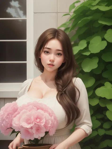 (best quality), big head, (1girl with gigantic breasts:1.3) Fat Woman With Brown Hair , White Pale Skin Tone , Wearing Pretty Dress , Details Dress , Pretty Girl , Korean , picture women in outdoor, Holding Bucket Flower , Holding Bucket Flower in her hand...