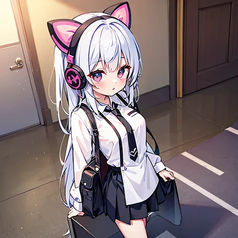 "anime girl, 1 person, silver white hair tied on both sides, light pink purple eyes, wearing cat ear headphones, female shirt, female school uniform, tie, black miniskirt, big breasts, smiling, tights,  standing cross-legged, side view,solo (full HD 4K+ im...