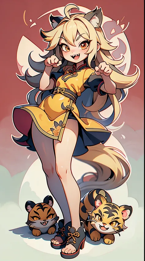 Masterpiece, best quality, high quality, ultra detailed, full body, digital art, Personification of the tiger, Yuru Chara Style, Cheongsam, smirk, open mouth, fangs, fangs out, sharp teeth, paw pose