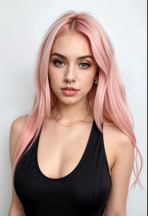 um close up de uma mulher com cabelo rosa e um top preto, cabelo rosa, cabelo liso rosa, cabelo rosa claro, com cabelo rosa, cabelo rosa longo, cabelo longo chiclete, cabelo chiclete, tom de pele rosa pastel, long flowing pink hair, cabelo rosa claro longo...