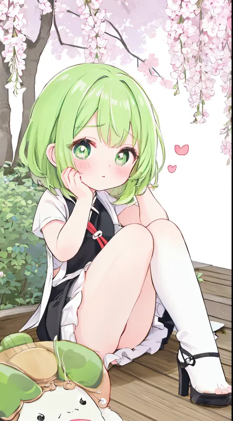 Best quality at best，face to the viewer，独奏，Short hair details，Cute little turtle，White stockings，Green-eyed，heart - shaped pupils，Alone，Green hair，inside a room，weeping，Very shy，夏天，weeping willow，lakeside，high-heels，fully body photo，dynamicposes，Close-up o...