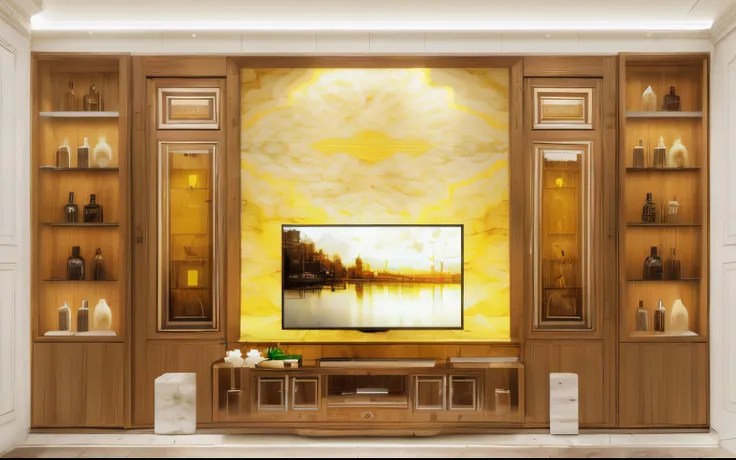 Natural wood interior wall decoration in the living room. The space between the two windows is decorated with large marble panels. Wine cabinets are decorated on both sides of the window. Below is the TV shelf. decorated in neoclassical style, warm colors,...