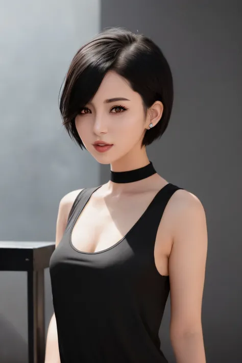 arafed woman in a black top posing for a picture, with short hair, gorgeous young woman, beautiful  woman, beautiful young  woman, photo of slim girl model, anime. soft lighting,, she is wearing a black tank top, girl cute-fine-face, ig model | artgerm, be...