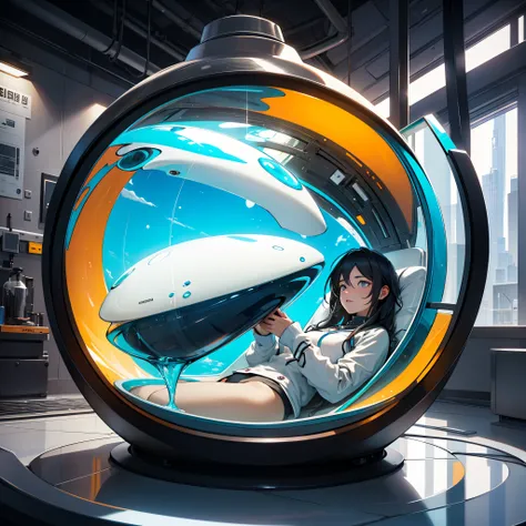 (Capsula humana) futurista con liquido dentro,humana en su interior,descansando dentro.