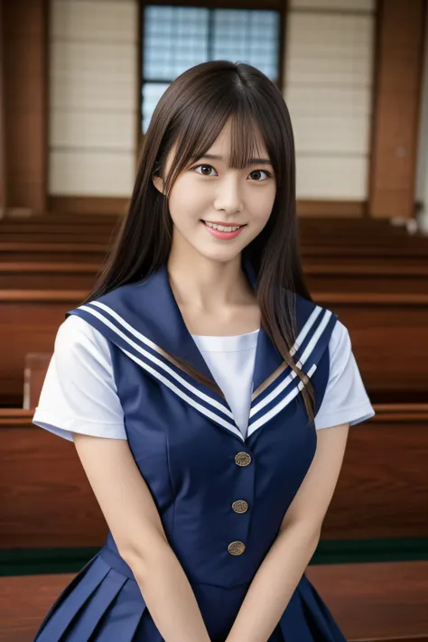 (((Draw only one woman: 2))), Beautiful 18 year old Japan woman, (High school girl in short-sleeved sailor suit: 1.5), (Japan strict girls school sailor uniform), ( High school girl pretending to be sitting in church pews: 1.2), (Beautiful and elaborate st...