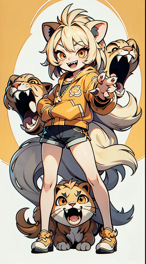 Masterpiece, best quality, high quality, ultra detailed, full body, digital art, Personification of the lion, Yuru Chara Style, shorts, smirk, open mouth, fangs, fangs out, sharp teeth, paw pose