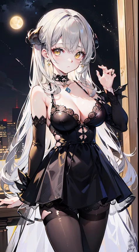 (top-quality、​masterpiece、high-level image quality、Super delicate)、((a beauty girl))、((Ash gray vertical roll twinte))、(Long bangs)、(Yellow eyes that shine like the moon)、a choker、breasts of medium size,、(Succubus style black sheer tights costume)、(cool ex...